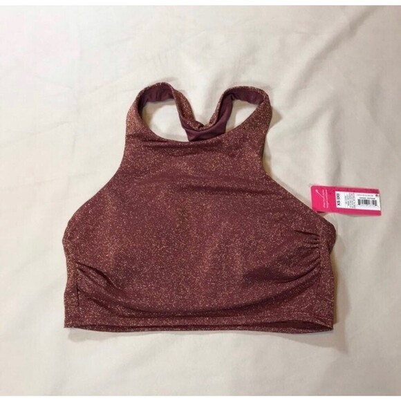 Juniors' Metallic Textured High Neck Bikini Top Swim Suit- Xhilaration Raisin L - Picture 2 of 3